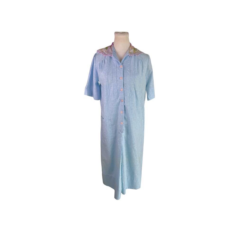 Volup Vintage 50s Sky Blue Scallop Floral Collar Cotton House Shirt Dress XL